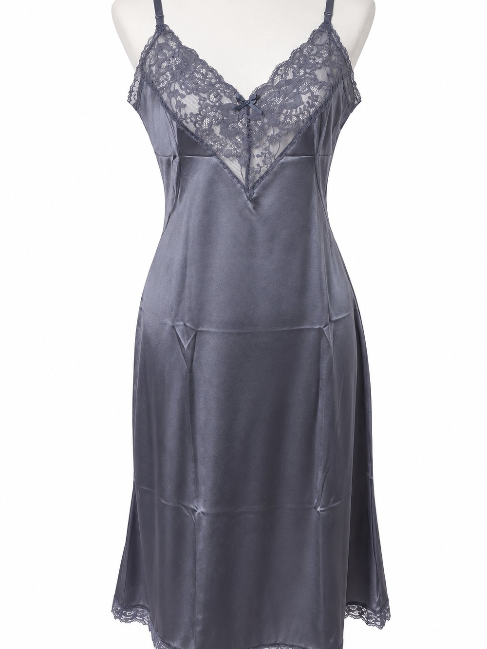 Ashley Taylor Charcoal Gray Lace-Trim Satin Nylon Full Slip Nightgown Lingerie